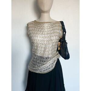 Y2K Top Large Women Metallic Sequin Open Weave Sheer Boho Gold White NWT